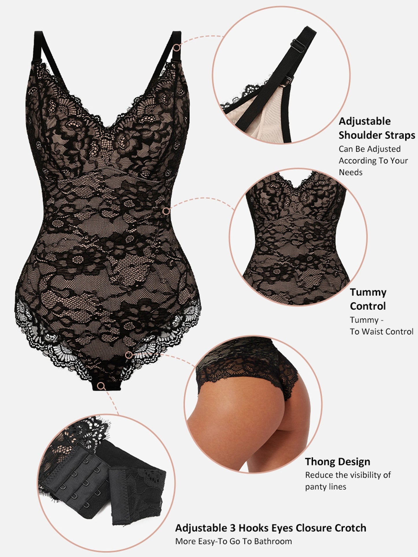 Shapetly.™ Lace V Neck Full Bodysuit Underwear